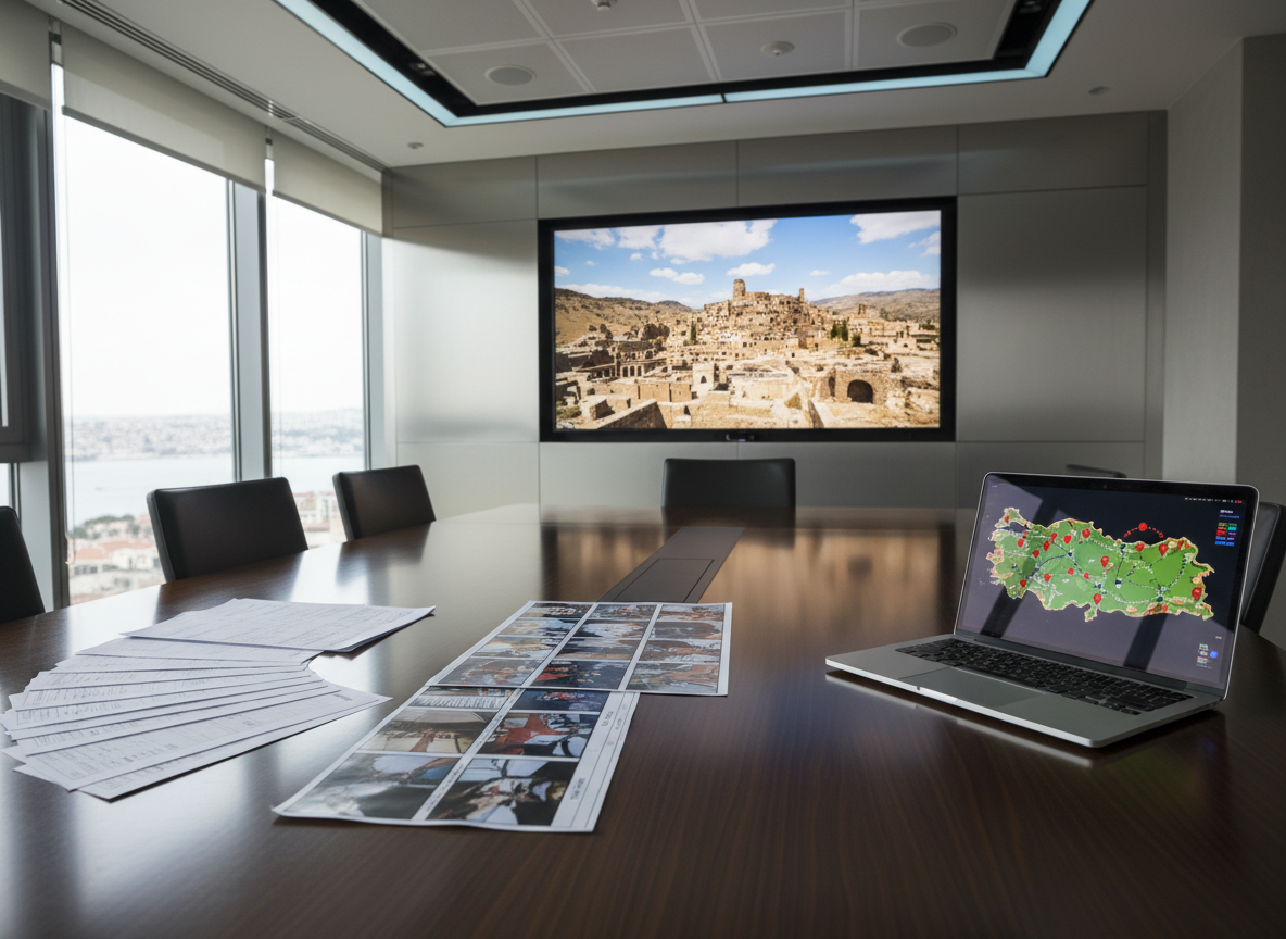 A polished conference table in a contemporary Istanbul production office, set up for a pre-production meeting, holding a detailed bilingual storyboard sequence printed on high-quality paper, neatly aligned shooting schedules, and a sleek laptop displaying a digital map of Turkey with key filming locations highlighted. On the far side, a large wall-mounted monitor shows a paused frame of a dramatic Anatolian landscape. Cool, even studio-style LED lighting mixes with soft natural daylight from a nearby window, creating a clean, neutral color balance. Photographic realism, shot from a slightly elevated angle with rule-of-thirds composition, emphasizing organization, clarity, and professional coordination for international crews planning shoots in Turkey.