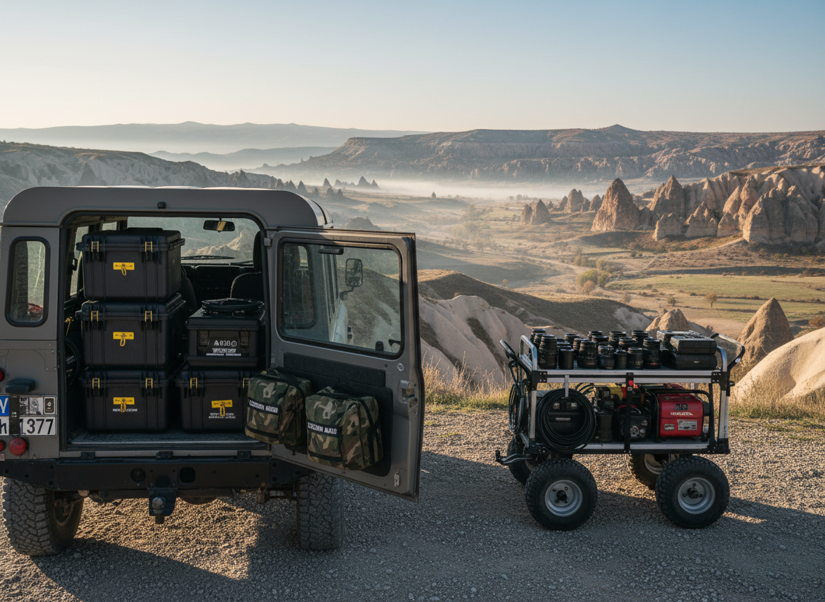 A rugged 4x4 production vehicle parked beside a remote, cinematic valley in Cappadocia, its rear door open to reveal carefully organized film equipment cases, weatherproof protective housings, and neatly labeled location audio bags. Nearby, a sturdy portable equipment cart stands locked and loaded with lenses, batteries, and a compact generator. The distinctive rock formations and soft, undulating landscape stretch into the distance under diffused early morning light, with delicate mist hugging the valley floor. Photographic realism, wide-angle composition at eye level, with clear detail in both foreground gear and distant environment, evoking reliability, local access, and adventurous yet controlled documentary filmmaking in Turkey’s unique terrains.