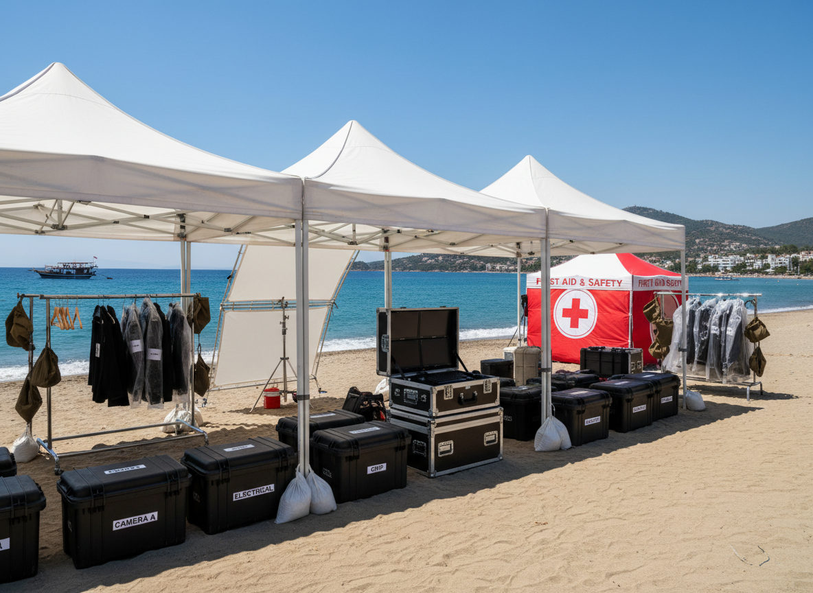 A sunlit coastal filming base camp set up along a quiet stretch of the Turkish Mediterranean, with pop-up shade canopies sheltering an orderly lineup of labeled hard cases, a mobile DIT workstation in a rugged flight case, and a clearly marked first-aid and safety station. Nearby, wind-protected racks hold wardrobe bags and equipment rain covers, even under clear blue skies. Bright midday sunlight reflects off the calm sea, while neutral diffusion panels soften the work area’s light, creating comfortable, even illumination. Photographic realism, wide horizontal composition emphasizing the relationship between meticulously arranged gear in the foreground and the expansive turquoise coastline in the background, conveying capable, well-prepared production support in Turkey’s resort regions.