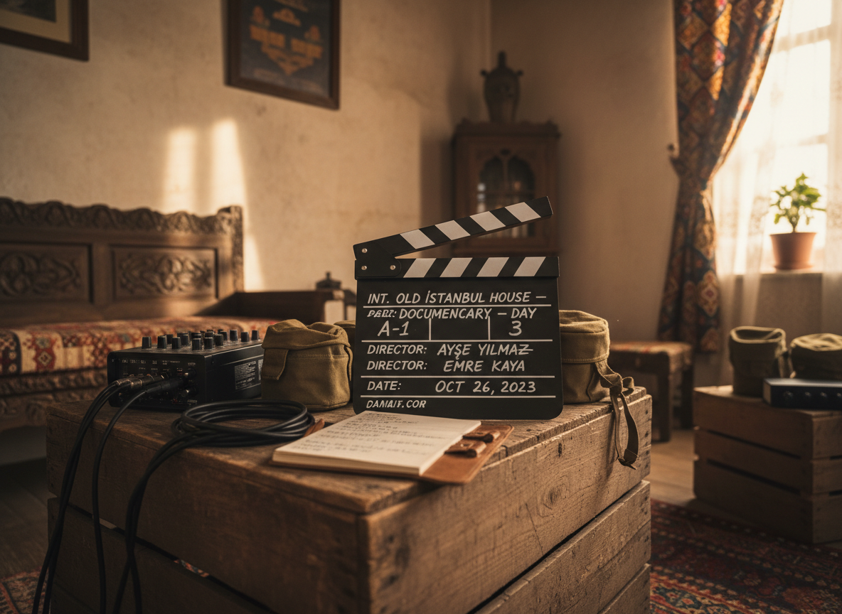 A close-up of a professional clapperboard labeled “INT. OLD ISTANBUL HOUSE – DOCUMENTARY – DAY” resting on an aged wooden crate that doubles as a makeshift equipment table inside a characterful, historic Turkish interior. Surrounding it are a compact field mixer-recorder, carefully coiled XLR cables, lens pouches, and a small production notebook with handwritten Turkish and English notes. Warm ambient light from a nearby window filters through patterned curtains, creating soft, dappled highlights on the textured plaster walls and weathered wood. Photographic realism, low-angle close-up with shallow depth of field, focusing sharply on the clapperboard while the evocative background fades gently, suggesting intimate, culturally rooted storytelling supported by experienced local fixers.