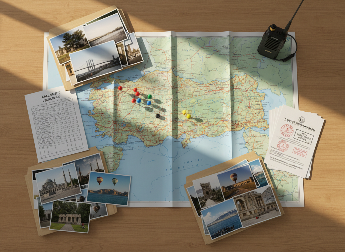 A detailed overhead view of a large, unfolded production map of Turkey spread across a smooth wooden table, with multiple colored location markers pinned on Istanbul, Cappadocia, Antalya, and Eastern Anatolia. Surrounding the map are open location folders with glossy photographic printouts of diverse landscapes, a bilingual call sheet, a neatly stacked pile of shooting permits stamped by local authorities, and a rugged field radio. Golden hour window light washes over the table, casting long, soft shadows from the pins and paperwork. Photographic realism, shot from a bird’s-eye perspective with sharp focus across the entire frame, conveying precise logistical planning and trusted local support for international film productions.