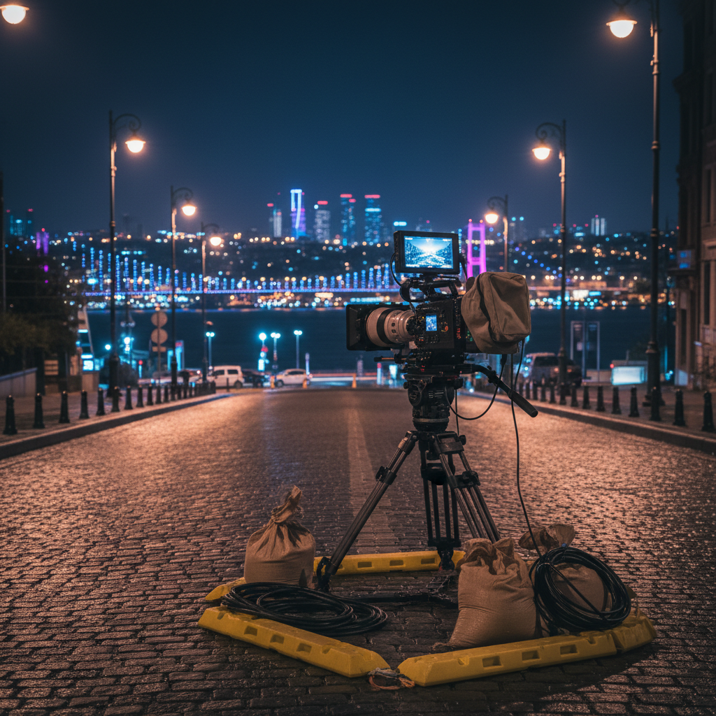 A dramatic night-time urban establishing shot setup on a quiet Istanbul street, where a robust camera placed on a heavy-duty tripod is aimed toward a distant illuminated skyline featuring the Bosphorus and bridge lights. Around the camera, sandbags, cable protectors, and weather-resistant monitor hoods are carefully positioned on the damp cobblestone pavement. Practical sodium-vapor streetlights cast warm pools of light, contrasting with cooler reflections from distant neon and building windows. Photographic realism, three-quarter angle composition with medium depth of field, emphasizing the disciplined, safety-conscious arrangement of gear while preserving rich environmental detail, capturing the essence of high-end night exterior filming supported by knowledgeable local production crews in Turkey.