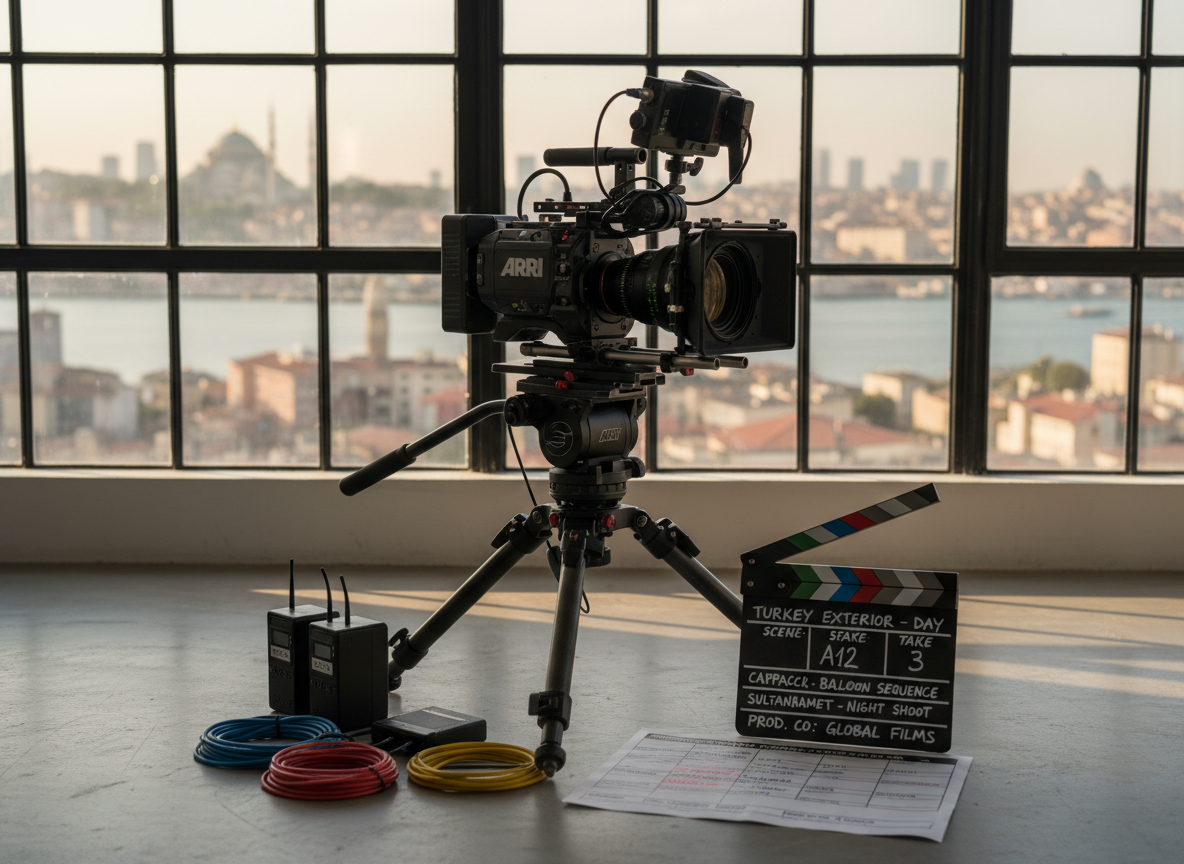 A meticulously organized film production workstation in a modern Istanbul loft office, featuring a high-end cinema camera body with matte box and follow-focus system resting on a sturdy carbon fiber tripod. Around it, neatly arranged are a slate clapperboard labeled “Turkey Exterior – Day,” wireless timecode boxes, color-coded cable bundles, and a detailed printed shooting schedule marked with locations like Cappadocia and Bosphorus. Soft afternoon light enters through large industrial windows, reflecting gently on brushed metal surfaces and polished concrete flooring. Photographic realism, eye-level composition with shallow depth of field, keeping the camera rig in crisp focus while the city skyline beyond the glass fades into a subtle bokeh, creating a calm, professional, production-ready atmosphere for an international film crew.